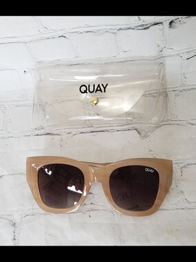 Quay Australia After Hours Beige Cat-Eye Sunglasses with Clear Case